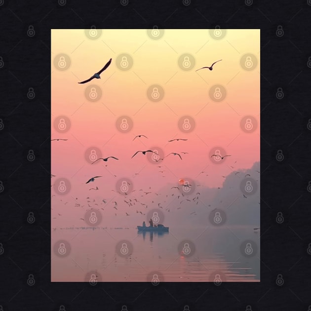 birds flying over body of water by DREAMBIGSHIRTS